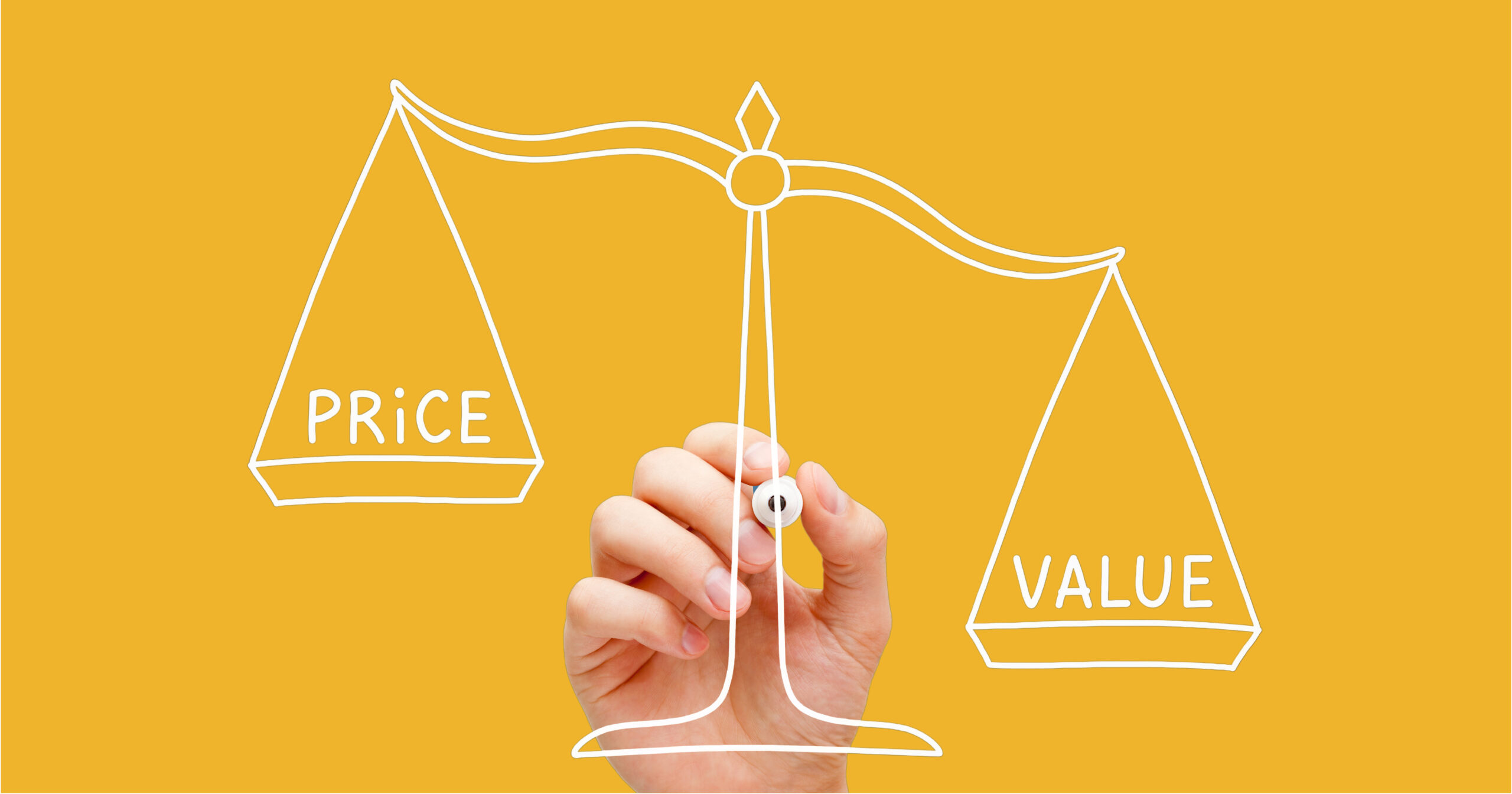 A hand drawing an image of scales weighing up the price and value