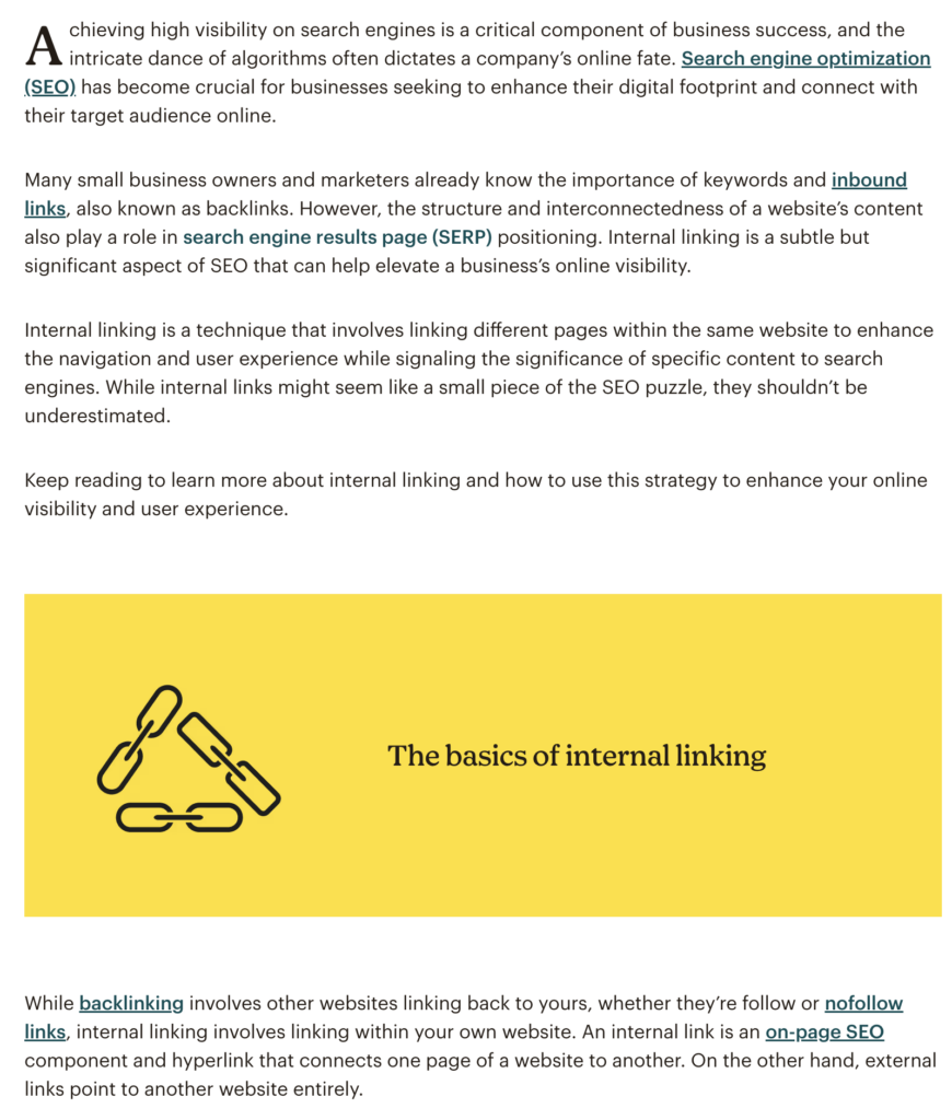 Image showcasing good example of internal linking from a mail chimp article