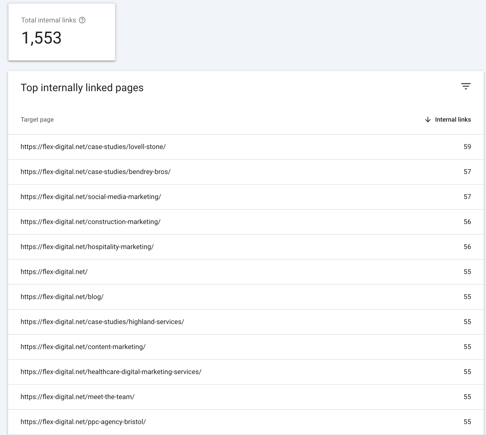 Google Search Console Internal Link Report expanded view